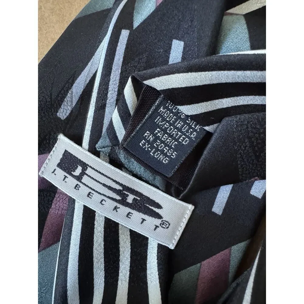 J.T. Beckett Silk Long Tall Tie Geometric Abstract Black Teal‎ Purple Striped